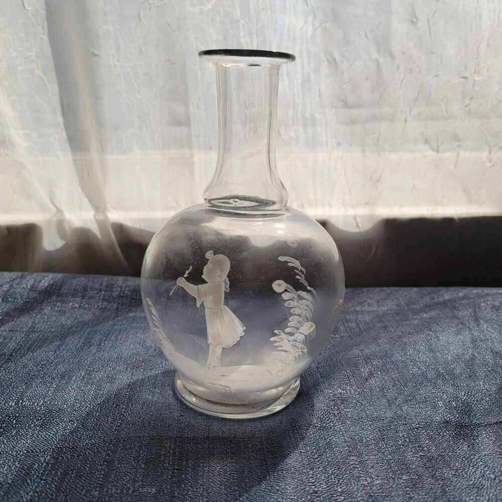 Vintage Mary Gregory Hand-Painted Glass Vase With Girl & Floral Design
